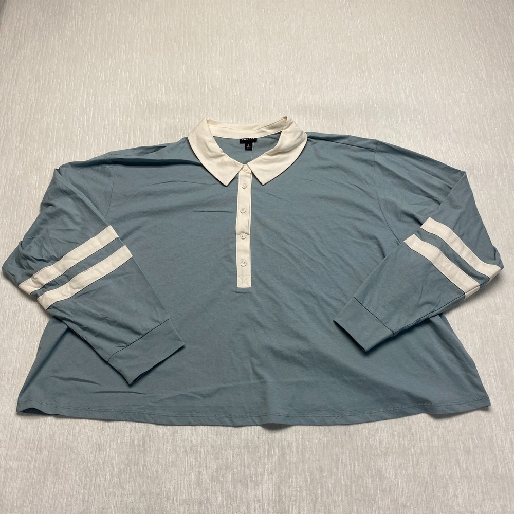 Torrid Rugby Polo Shirt Womens 3 Slate Green Knit Cotton Striped V-Neck Collared